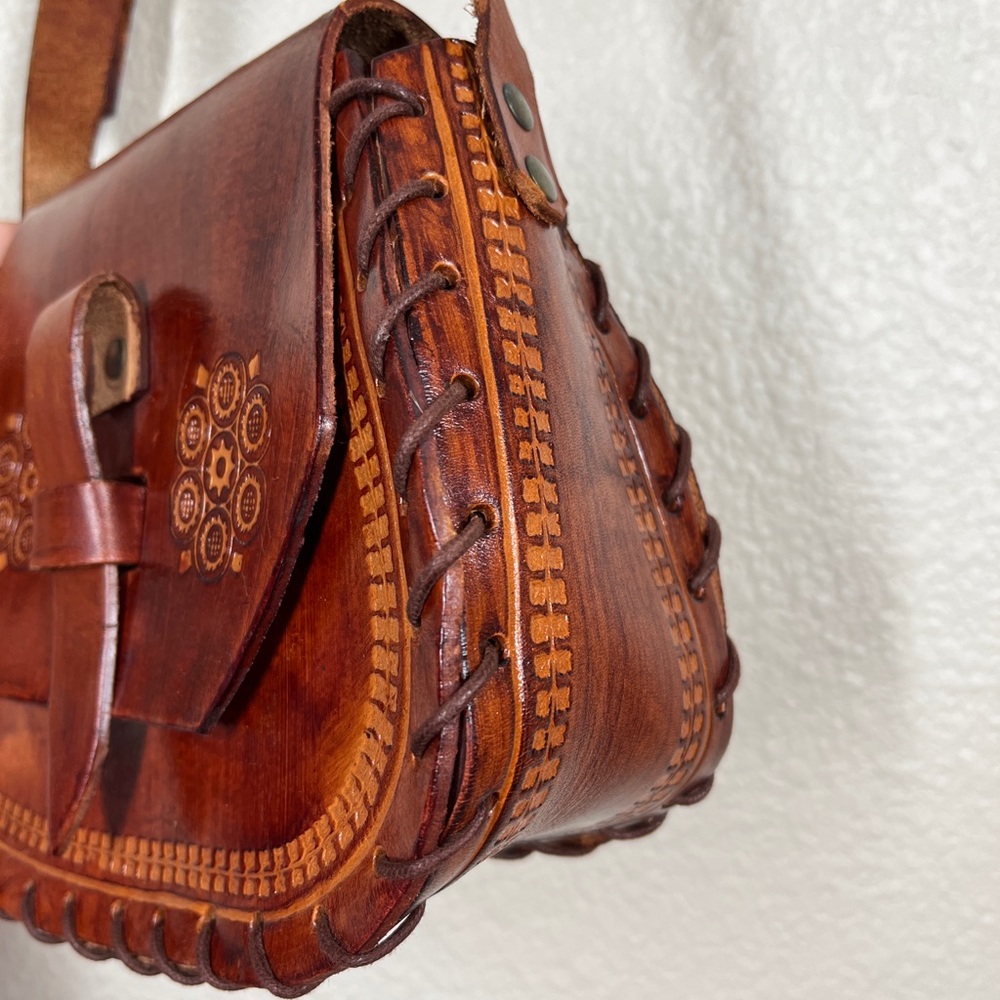 Vintage 70’s Genuine Leather Stitched Embossed Crossbody Bag Mexican Boho - Picture 5 of 11